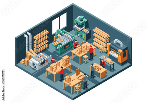 Isometric 3D view vector illustration of furniture manufacturing factory with woodworking machines, assembly tables and stacked wooden boards in industrial workshop