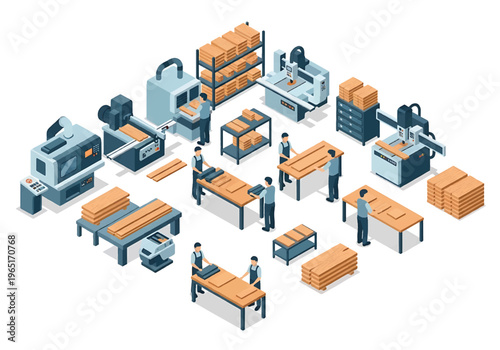 Isometric 3D view vector illustration of furniture manufacturing factory with woodworking machines, assembly tables and stacked wooden boards in industrial workshop