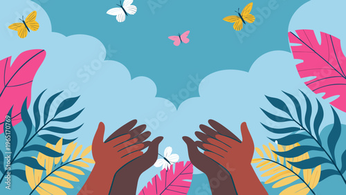 Diverse hands releasing colorful butterflies amidst vibrant tropical leaves and clouds symbolizing freedom and unity in a serene natural setting