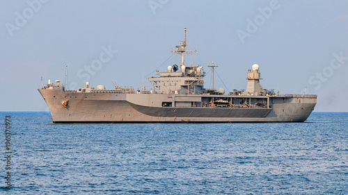Aerial view navy ship at sea.
