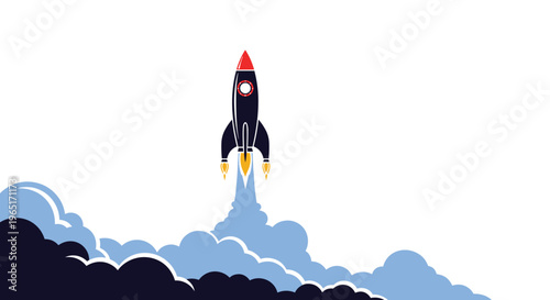 Powerful space rocket launching into the atmosphere with billowing clouds of smoke and fire against a white background.