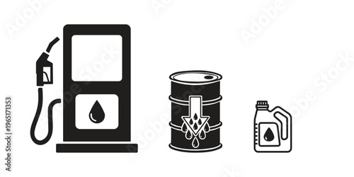 Fuel Station and Oil Industry Icons Set – Gas Pump, Oil Barrel and Motor Oil Container Vector Illustration