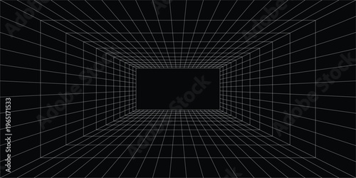 Futuristic perspective grid box. Abstract wireframe with white grid line on black background. Virtual reality landscape in 80s 90s digital style. Vector