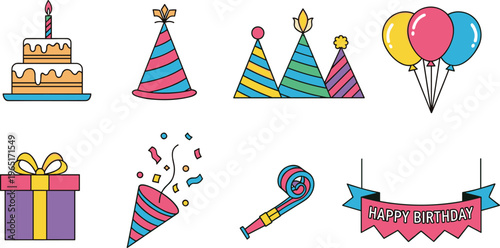 Birthday Celebration Icons Set Featuring Cake, Party Hats, Balloons, Gift Box, Confetti, Noise Maker, and Banner for Birthday Party Designs