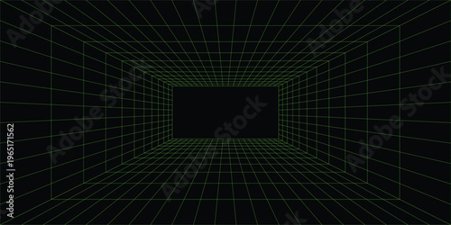 Grid room in perspective, vector illustration in 3d style. Indoor wireframe from green laser beam, template interior square, digital empty box. Abstract geometric design on black background