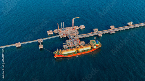 Aerial view oil ship tanker move opposite directions for transportation from refinery on the sea.