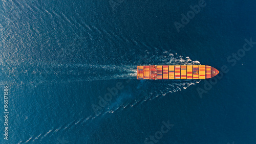 Aerial top view large cargo ships are traveling at sea to deliver goods to various international ports.
