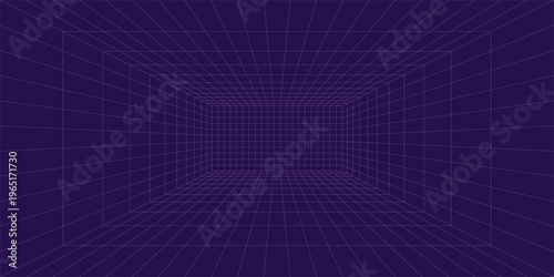 Metaverse VR Wireframe Room Purple Background. Vector Perspective Grid. Futuristic VR Game Geometric Backdrop. Box with Digital Cyber Space. Vector Illustration.