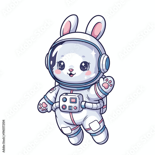 Cute astronaut bunny floating in space wearing a white suit.