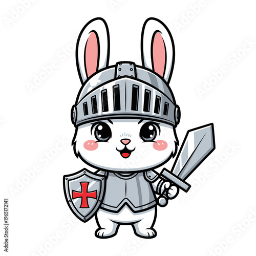 Cute cartoon bunny knight with sword and shield.