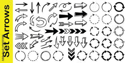Hand drawn alphabet font letters and vector arrow icon set featuring black sketch illustration signs for web design direction