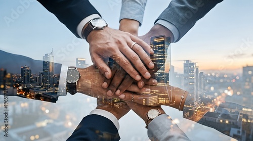 A group of diverse hands joined together overlaid with a cityscape, symbolizing business teamwork.