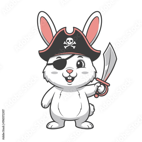 Cute cartoon pirate bunny rabbit with eye patch and sword.