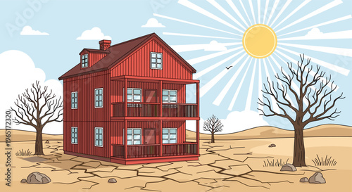 Red wooden house standing in a desolate dry desert landscape with cracked ground and dead trees under a bright hot sun.