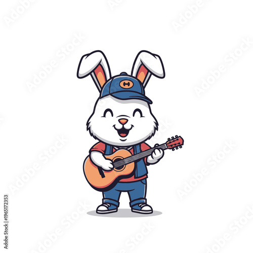 Cute cartoon rabbit playing acoustic guitar wearing overalls and cap.