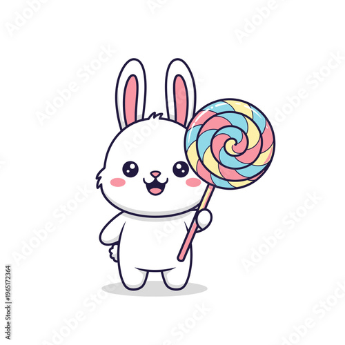 Cute cartoon white bunny holding a colorful swirl lollipop.