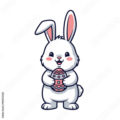 Cute cartoon white bunny holding a decorated Easter egg.