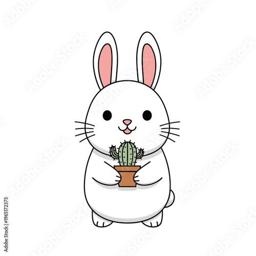 Cute cartoon white bunny holding a small potted cactus.