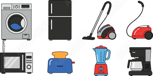 Home Appliances Icons Set Featuring Washing Machine, Refrigerator, Vacuum Cleaner, Toaster, Blender, and Coffee Maker for Household and Kitchen Use