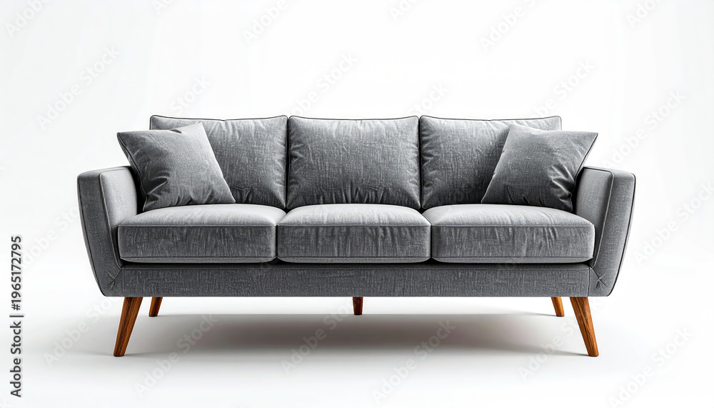Fototapeta premium Modern Gray Fabric Sofa with Wooden Legs and Accent Pillows