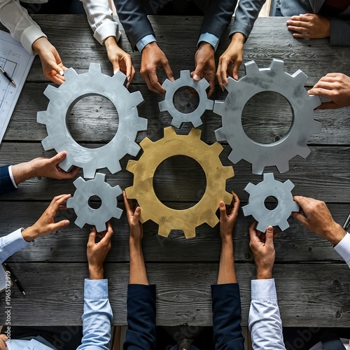 Hands of diverse businesspeople holding interlocking gears, symbolizing teamwork.