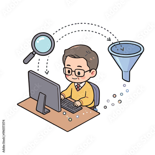 Man searches on computer with magnifying glass and funnel
