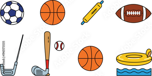 Sports Equipment Icons Set Featuring Soccer Ball, Basketball, Baseball Bat, Golf Club, Football, Tennis Racket, and Swimming Ring for Athletic and Outdoor Designs