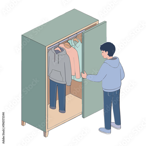 A man opens a wardrobe to reveal hanging clothes inside.
