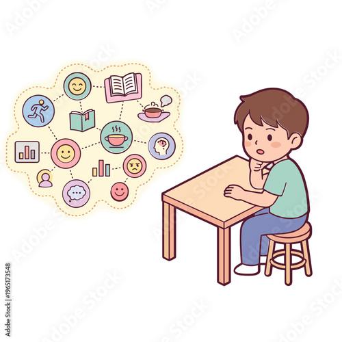 A boy sits at a desk thinking about various icons related to hobbies and learning.