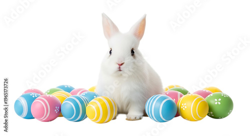 Cute fluffy white easter bunny sitting in front of a row of colorful pastel painted eggs with decorative patterns on floor isolated on a transparent background