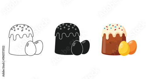Traditional Easter cake and painted eggs - logo icons vector set. Blue, Black and white icons