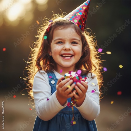 Cheerful Little Girl Tossing Colorful Confetti Outdoors in Sunlight