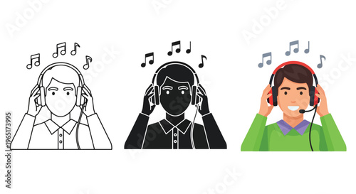 Person wearing headphones listening music - Minimalist, flat icon, outline, glyph, linear, clipart, sticker - icon set