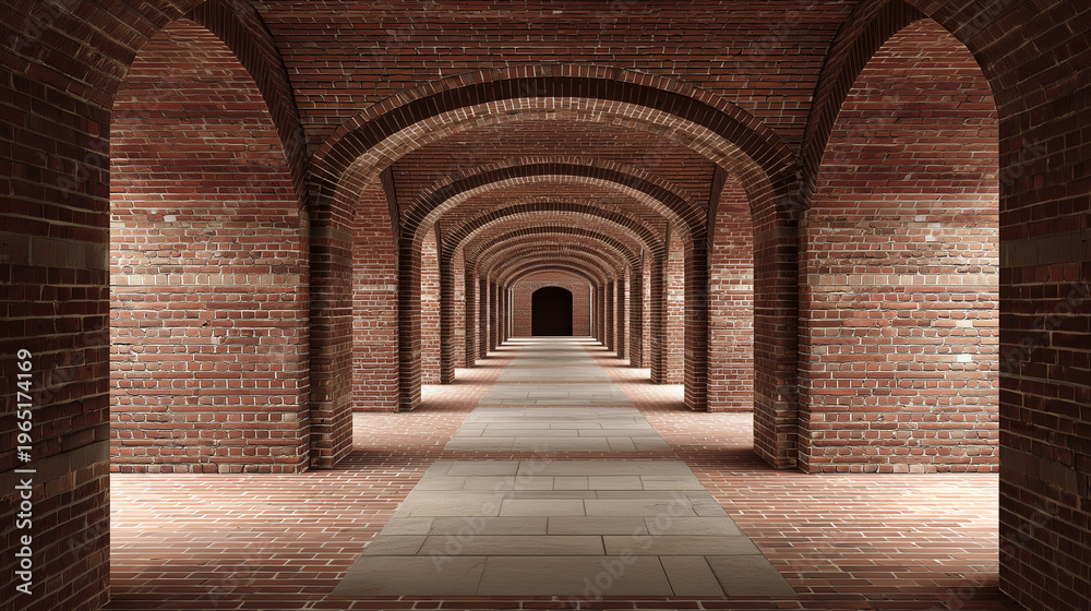 Fototapeta premium Endless Brick Passage with Curved Arches and Strong Depth Perspective