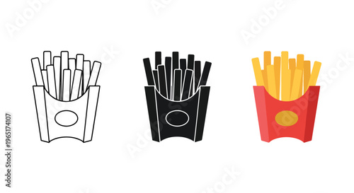 French fries snack in red paper carton - Solid vector icons  - Clipart, sticker - icon set