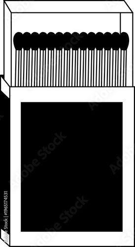 Matchstick icon burning match stick flame symbols and matchbox for ignition, fire starter tool vector silhouettes and outline illustration for safety and camping