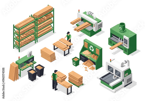 Isometric 3D view vector illustration of furniture manufacturing factory with woodworking machines, assembly tables and stacked wooden boards in industrial workshop