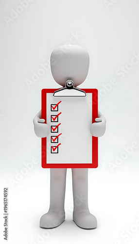 Gray cartoon person holding red clipboard with checklist and all items ticked off on white background, completing task checklist.