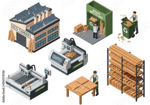 Isometric 3D view vector illustration of furniture manufacturing factory with woodworking machines, assembly tables and stacked wooden boards in industrial workshop
