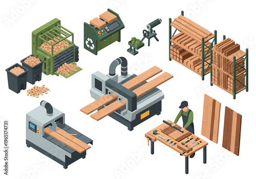 Isometric 3D view vector illustration of furniture manufacturing factory with woodworking machines, assembly tables and stacked wooden boards in industrial workshop