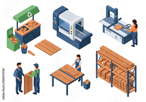 Isometric 3D view vector illustration of furniture manufacturing factory with woodworking machines, assembly tables and stacked wooden boards in industrial workshop