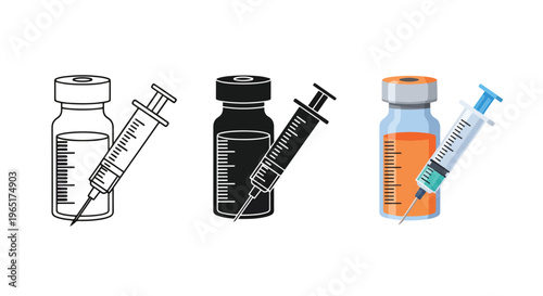 Vaccine vial and medical syringe icons - Editable line icons. Vector illustration - Glyph and solid icon set - Icon vector