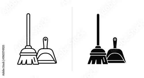 Cleaning broom and dustpan icon set - Minimalist, flat icon, outline, glyph, linear, clipart, sticker - icon set