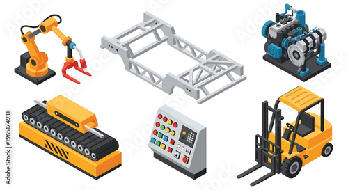 Isometric 3D automotive manufacturing factory set with robotic welding arm, car chassis assembly line, engine station and forklift, modern smart industry concept