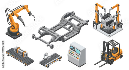 Isometric 3D automotive manufacturing factory set with robotic welding arm, car chassis assembly line, engine station and forklift, modern smart industry concept