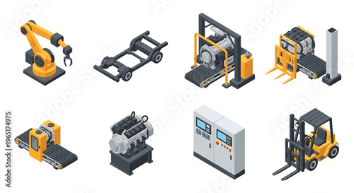 Isometric 3D automotive manufacturing factory set with robotic welding arm, car chassis assembly line, engine station and forklift, modern smart industry concept