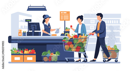 Cashier at grocery store checkout helps customers with full shopping carts in a modern supermarket environment.