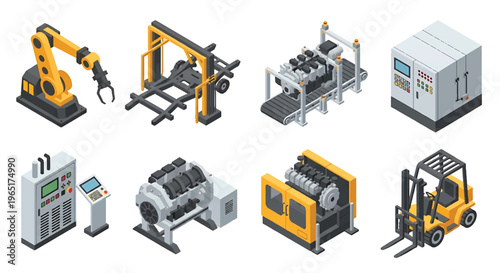 Isometric 3D automotive manufacturing factory set with robotic welding arm, car chassis assembly line, engine station and forklift, modern smart industry concept