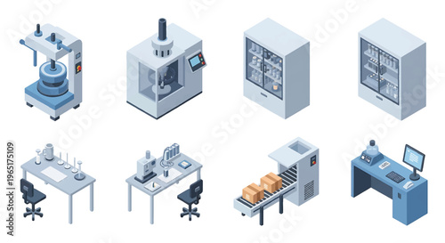 Isometric 3D pharmaceutical factory set with tablet press machine, capsule filling unit and sterile packaging line, healthcare production industry concept