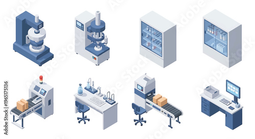 Isometric 3D pharmaceutical factory set with tablet press machine, capsule filling unit and sterile packaging line, healthcare production industry concept